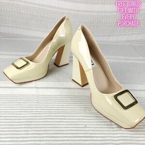 Nizowi Cream Patent Leather Platform Pumps Gold Detail Size 9.5 NEW